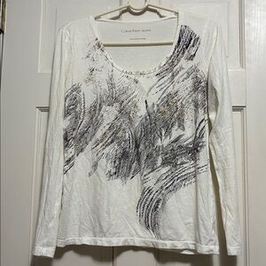 Calvin Klein Cream Black Metallic Long Sleeve Scoop Neck Tee size M -flaw